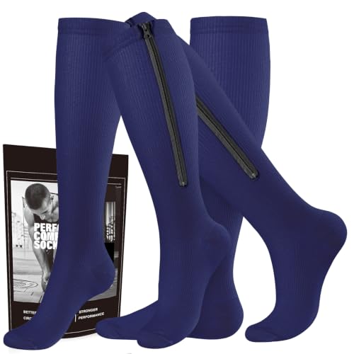 cerpite Zipper Compression Socks, 2 Pairs 15-20 mmHg Closed Toe Compression Stockings for Men Women - color: Blue-closed-toe, size: Large-X-Large