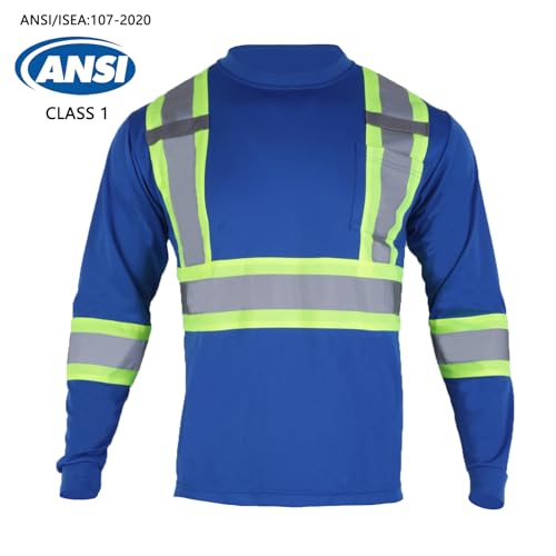 VENDACE Men's High Vis Safety Work T Shirt ANSI Class 1 Reflective Long Sleeve Shirt with Pocket(Royal Blue,L) - color: Royal Blue, size: Large
