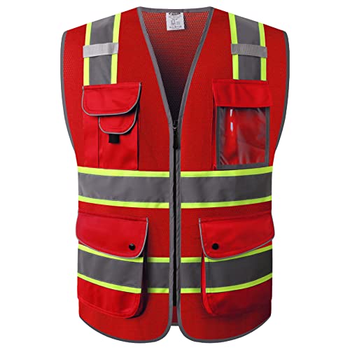 JKSafety Safety Vest for Men Women Reflective Hi Vis JK100 Red M - color: 100-redt1, size: Medium