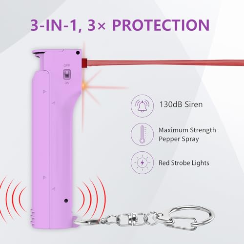 3-in-1 Personal Alarm with Pepper Spray, 130dB Siren, Red Strobe Lights, Replaceable Canister, Rechargeable, Self Defense Keychain for Women - color: Purple