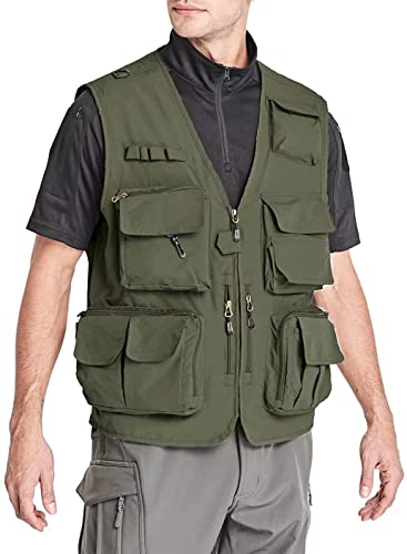 Lilychan Mens Utility Casual Fishing Vests Outdoor Vest Multi Pockets Cargo Vest Travel Hunting Camping Tactical Outerwear - color: Armygreen, size: XX-Large