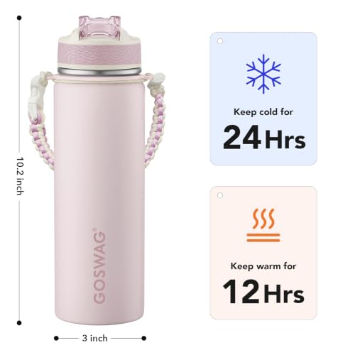 GOSWAG 24oz Insulated Stainless Steel Travel Water Bottle, 2 Lids - color: Matte Pearl Pink