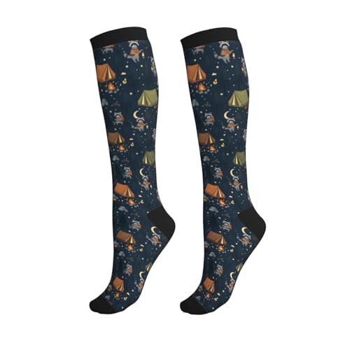 Patterned Knee High Socks for Women Men Athletic Running Travel Work - color: Adventure Raccoon