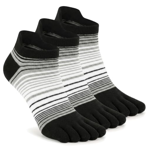 Toe Socks for Men and Women Athletic Running Coolmax Five Finger Ankle/Quarter Socks Breathable Lightweight, 3 Pairs - color: E4110# Striped, size: Small