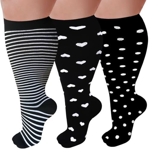 3 Pairs Plus Size Wide Calf 20-30 mmHg Knee High Compression Socks - color: 08-black/Black/Black, size: 4X-Large