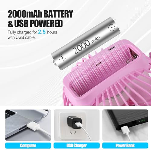 PureHome Portable Clip Fan Battery Operated,3 Speeds USB Rechargeable Mini Table Fan with Strong Airflow,360°Rotation Ultra Quiet Personal Desk Fan for Home Office Bedroom Dorm Stroller Camping- Pink - color: Pink