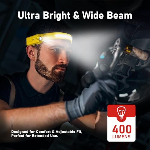 Nessciera Rechargeable LED Headlamp, 400 Lumens, 230° Wide Beam, USB-C, 5 Modes — Lightweight, Adjustable Headband; Hard Hat Clips for Camping, Hiking, Running, Repairs & Gift (1, Yellow) - color: Yellow