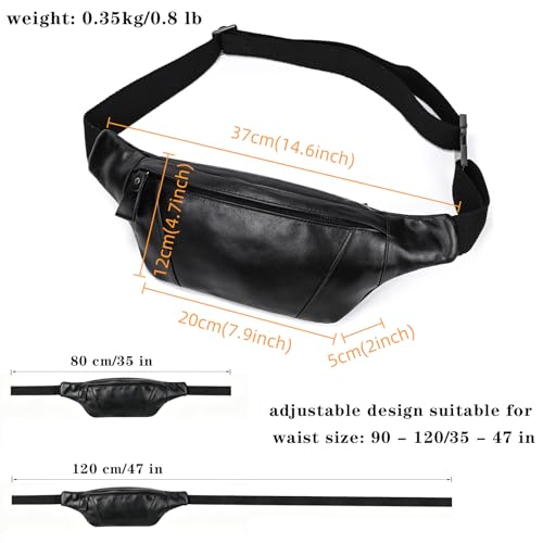 Genuine Leather Fanny Pack for Women & Men, Crossbody Waist Pack with Adjustable Strap, Hiking Hip Bum Belt for Travel, Hiking, Running - color: Black