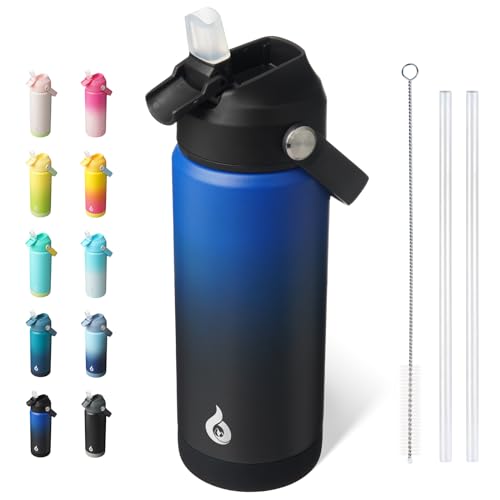 BJPKPK 18oz Insulated Water Bottle, Stainless Steel Bottle with Straw Lid - color: Black Blue, size: 18 Ounces