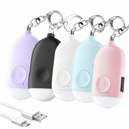 Hion Personal Safety Alarm for Women, 5 Pack Rechargeable 130dB Self Defense Alarm Keychain with LED Flashlight, Emergency Safe Sound Security for Children Elderly College Girls, Multi Colors - color: Black+White+Pink+Blue+Purple