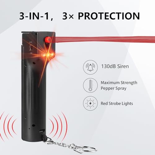 3-in-1 Personal Safety Alarm and Pepper Spray Combo for Women - Max Strength Pepper Gel & 130 dB Siren & Strobe Lights, Flip-top Safety Cap & UV Marking DYE, Spray Canister Replaceable - color: Black