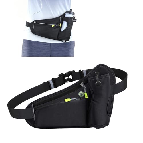 Water Bottle Waist Pack 2 Zippered Pockets – Reflective Running Belt for Hiking Cycling, Adjustable Breathable Mesh with Earphone Port(Black) - color: Black