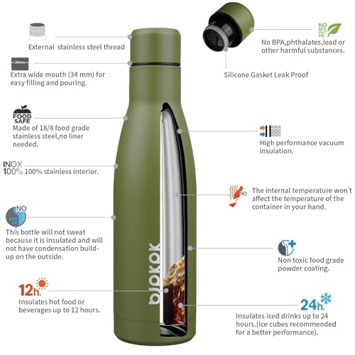 BJPKPK 17oz Skinny Insulated Water Bottle, Stainless Steel Flask - color: Olive Green, size: 17 Ounces