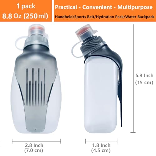 HECHZSO Water Bottle for Running 1Pack 250ml Bottle with Clip and 1 Pack 500ml TPU Soft Flask