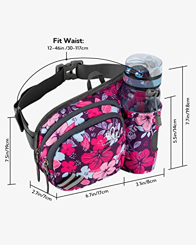 WATERFLY Fanny Pack Waist Bag: Waist Pack for Women Men with Water Bottle Holder Hiking Fanny Pack for Running Walking DogWalking Travel Cycling - color: Rose red flower