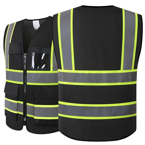 Reflective Safety Vest for Men Women High Visibility Vest with 8 Pockets and Front Zipper Mesh Reflective Vest (Black-07, Medium) - color: Black, size: Medium