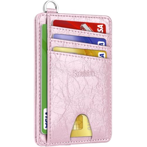 Slim Minimalist Front Pocket Wallet, RFID Blocking Credit Card Holder Wallet with Integrated D-Shackle for Men Women - color: Glossy Pink