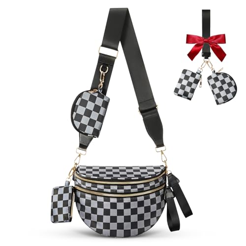 Cross Body Bag for Women Bum Bag Checkered Belt Bags Fanny Packs for Girls Travel Purse Fashion Waist Packs Crossbody Nylon Purse Trendy Shoulder Bags for Womens - color: Checkered Grey