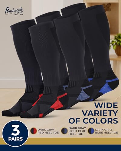 Pembrook 3 Pairs Compression Socks 20-30 mmHg - Compression Socks for Women and Men | Running, Athletic, Travel, Nurses - color: Dark Gray (Red/Blue/Light Blue) - 3 Pairs, size: Medium