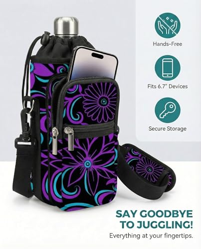 AUPET Water Bottle Sling Bag Sleeve Holder Carrier 25/32/40/64 oz,Insulated Crossbody Water Bottle Case Cover with Strap and Pockets for Men/Women Walking Hiking - color: purple flower, size: 40oz
