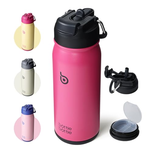 BOTTLE BOTTLE 16 oz sports water bottle stainless steel insulated kids water bottle with straw and pills holder for gifts and school (viva magenta) - color: viva magenta