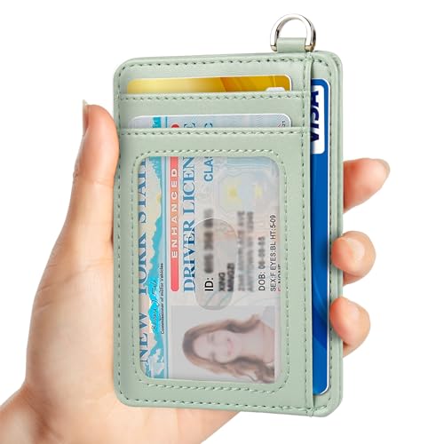 Slim Minimalist Front Pocket Wallet, RFID Blocking Credit Card Holder Wallet with Integrated D-Shackle for Men Women - color: Cowhide Matcha Green