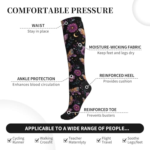 Cute Compression Socks Knee High Support Stockings Women Men - color: Purple Moth Flower