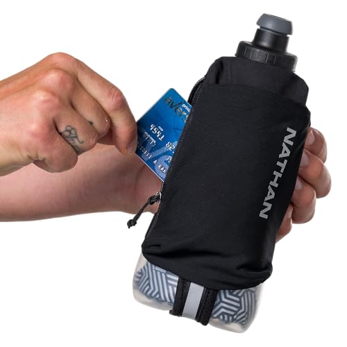 Nathan SpeedDraw 2 Insulated Handheld Running Water Bottle Flask – Double-Wall Insulation, Ergonomic Grip, Blast Valve Cap, Phone & Key Storage Pockets, Reflective Design - 18oz Insulated - Black - color: Black 18oz Insulated