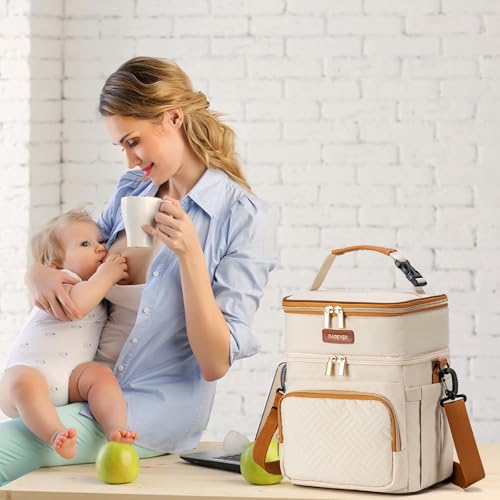 Breastmilk Cooler Bag with Ice Pack Fits 6 Baby Bottles Up to 9 Ounce, Double Deck Leak-Proof Baby Bottles Bag with Shoulder Strap for Nursing & Working Mom, - color: Beige with pocket