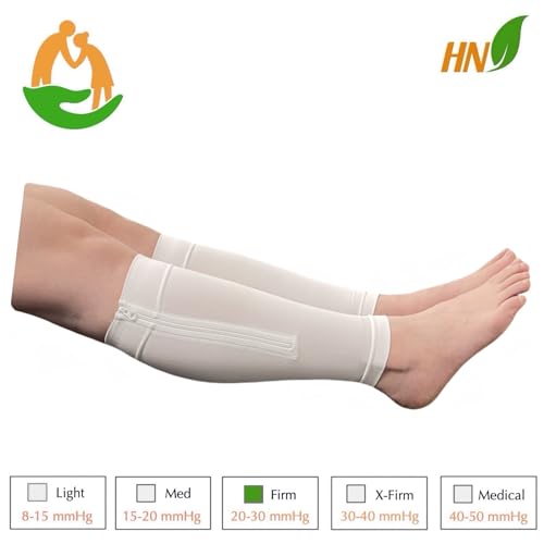 HealthyNees Seniors Care Footless 20-30 mmHg Compression Shin Calf Leg Men Women 1 Pair Zipper Sleeves (White, 3X-Large) - color: White, size: 3X-Large