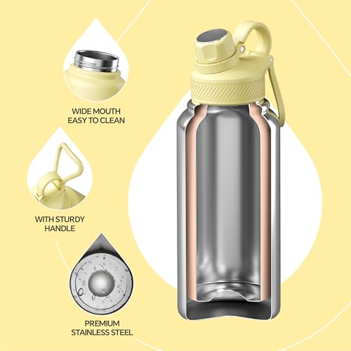 IDEUS Insulated Stainless Steel Water Bottle with 2 Leak-Proof Lids, Thermal Water Flask for Hiking Biking, 32oz, Light Yellow - color: Light Yellow, size: 32 Ounces