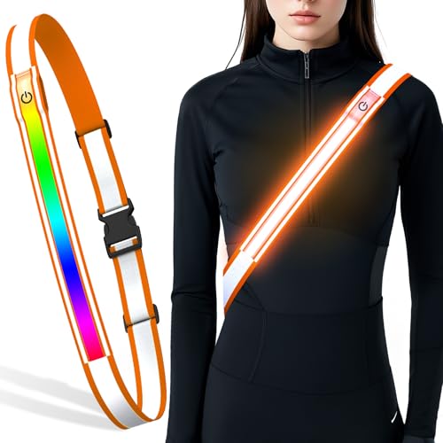 LED Reflective Belt Sash, High Visibility 5 Color 3 Light Mode Rechargeable LED Waistband Reflective Running Gear, Light Up Waist Belt Safety Gear for Running Walking Cycling at Night - color: Orange