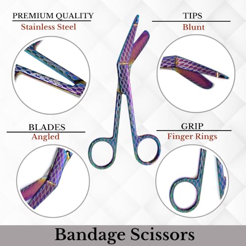 Bandage Scissors 5.5" Long Set of 6 Nurse Vet Tech Gift Made of Stainless Steel with Colorful Patterns First Aid Used For Cutting Gauze Tape Clothing Bandages Vet Wrap Adhesive Removal (Set 11) - style: Set 11