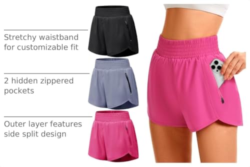 TVKSOM Womens Athletic Shorts High Waisted with Liner 2 Zipper Pockets - color: 3pack Black,greyish Blue,hot Pink, size: Medium