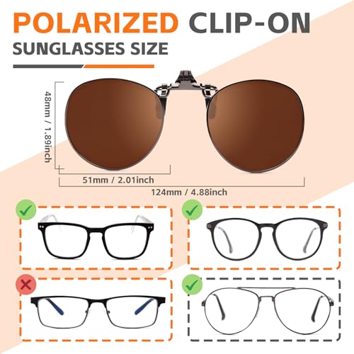 JO Polarized Clip-On Sunglasses UV400 Anti-Glare Lenses with Metal Frame Round - color: Brown, size: 50 mm