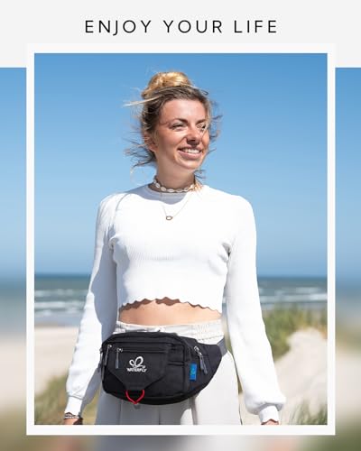 WATERFLY Running Belt Fanny Pack: Runner Marathon Jogging Waist Pack Sport Workout Exercise Fitness Phone Holder Belt for Men Women Jogger Slim Waistband Black - color: Black with Peacock Blue Panel