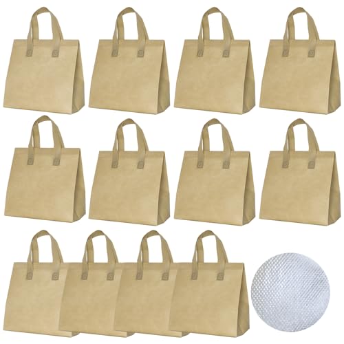 12 Pack Disposable Insulated Lunch Bags - Thermal Cooler Take Away Bag for Food Delivery Coffee Milk Tea Hot Cold Drink - color: Khaki, size: 9.45"(H) x 9.45"(L) x 5.91"(W)
