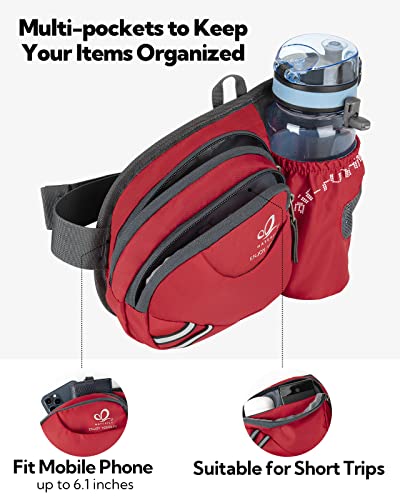 WATERFLY Fanny Pack Waist Bag: Waist Pack for Women Men with Water Bottle Holder Hiking Fanny Pack for Running Walking DogWalking Travel Cycling - color: Red