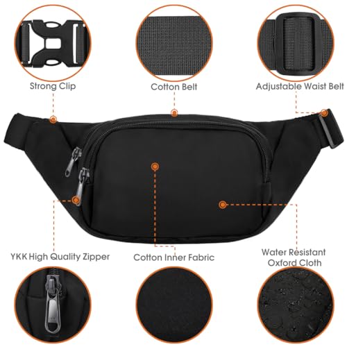 Large Fanny Pack for Women Men - Syican Waist bag with 3-Zipper Pockets - color: Black