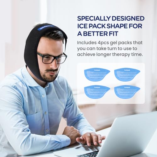 Comfpack Wisdom Teeth Ice Pack Head Wrap After Surgery, 4 Reusable Hot & Cold Therapy Gel Ice Packs for Face Swelling, TMJ, Chin, Oral Pain, Facial Surgery, Jaw Pain, Black - color: Black