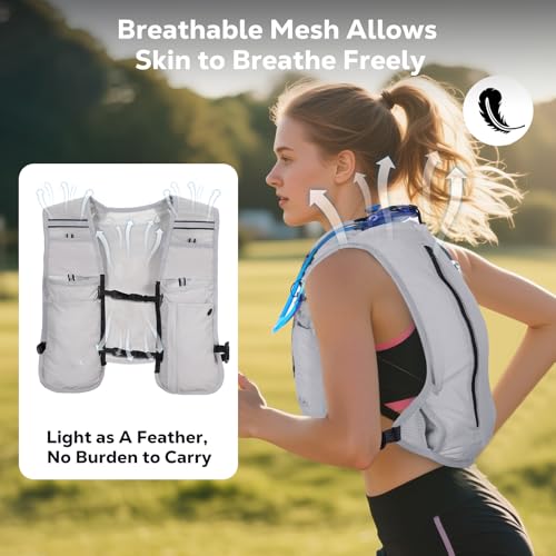 MoKo Running Hydration Vest for Men Women, Lightweight Hydration Pack with 1.5L Water Bladder - color: Light Gray