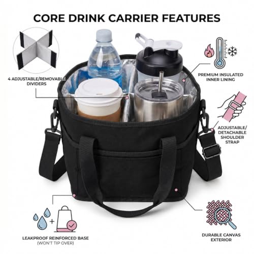 Drink Carrier Tote Bag, Family Size 4 Compartment Drink Carrier - color: Black