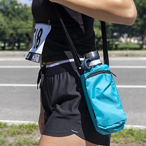 Trail maker Water Bottle Carrier Bag with Strap, Phone Pocket for Walking, Runs, Bike, Stainless Steel, Glass, Plastic - color: Turquoise