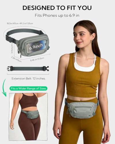 WATERFLY Small RFID Fanny Pack: 1.5L Waist Bag 12" Extender Belt for Hiking - color: Grey
