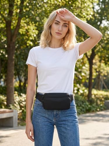 Fanny Pack Nylon Mini Belt Bag Everywhere Belt Bag for Women Water Repellent Waist Packs Crossbody Bags with Adjustable Strap - color: Black