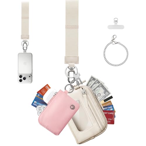 Dual Pouch Wristlet Keychain Wallet for Women, Coin Purse with RFID Blocking, Nylon Phone Wallet & Card Holder - color: Creamy Beige+Blush Pink