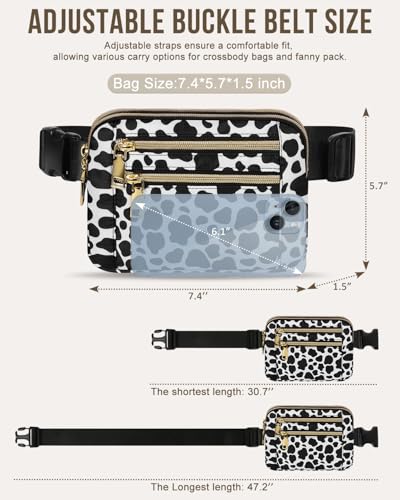 Capolo Fanny Packs for Women 4 Zip Pocket Crossbody Belt Bag Waist Bags - color: Cow Print, size: Medium