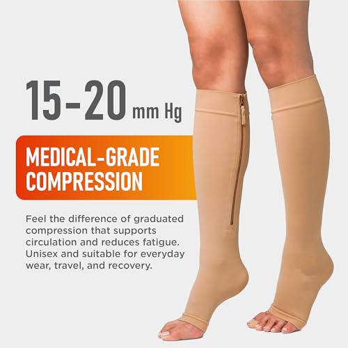 Lemon Hero Zipper Compression Socks 15-20mmHg Open Toe for Women & Men - color: Beige, size: Large
