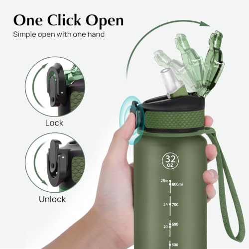 EYQ 32oz Water Bottle with Straw, Sports Bottle with Time Marker - color: 8.Hunter Green
