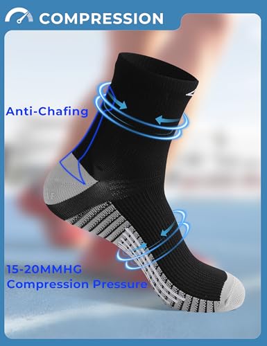 Mens Compression Running Socks: 15-20 mmHg Arch Support Non-Slip - color: C-black Black Black, size: 13-16